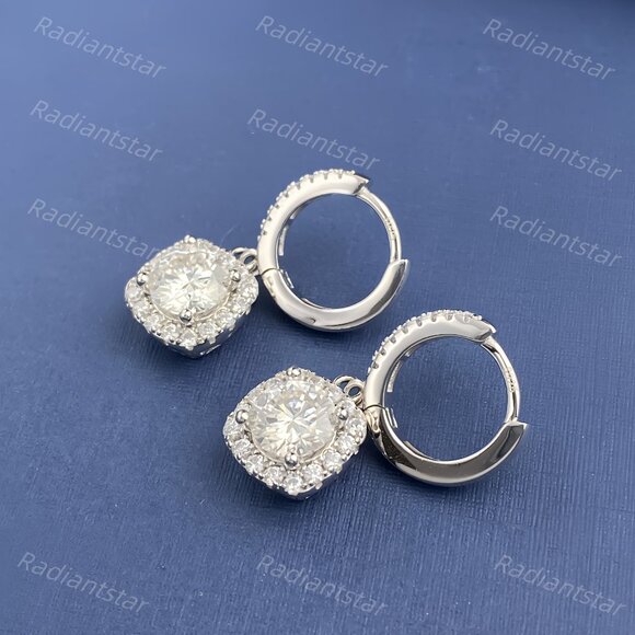 NEW Certified 2ct. t.w. Moissanite Halo Dangle Huggie Hoop Earrings - Picture 5 of 7